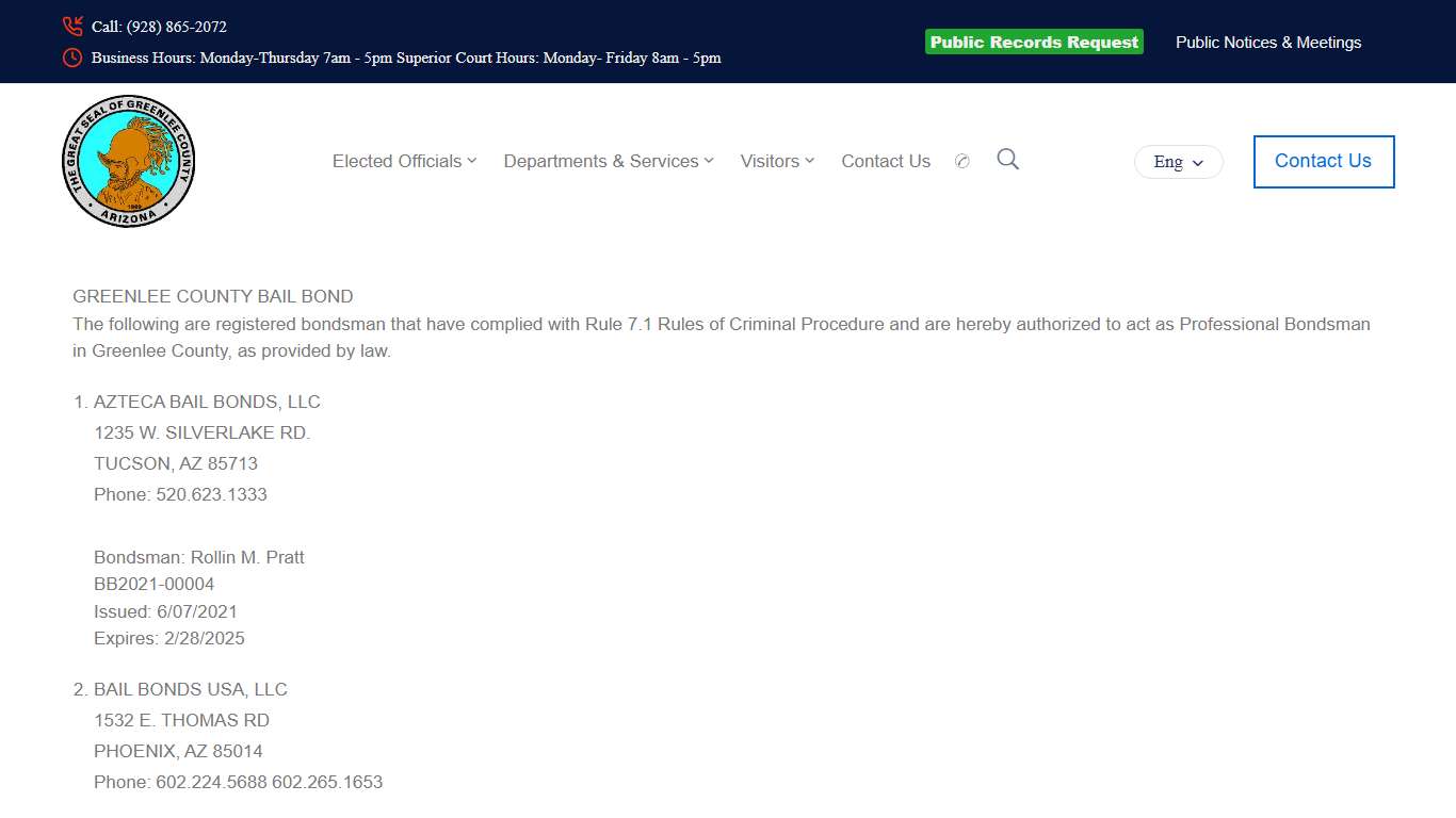 GCSO Bondsman list – Greenlee County, Arizona